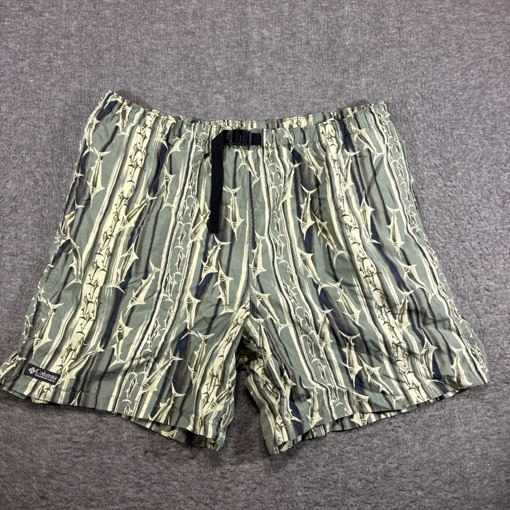 Vintage Columbia Swim Shorts Mens Large Green Marlin Fish Print Belted 90s